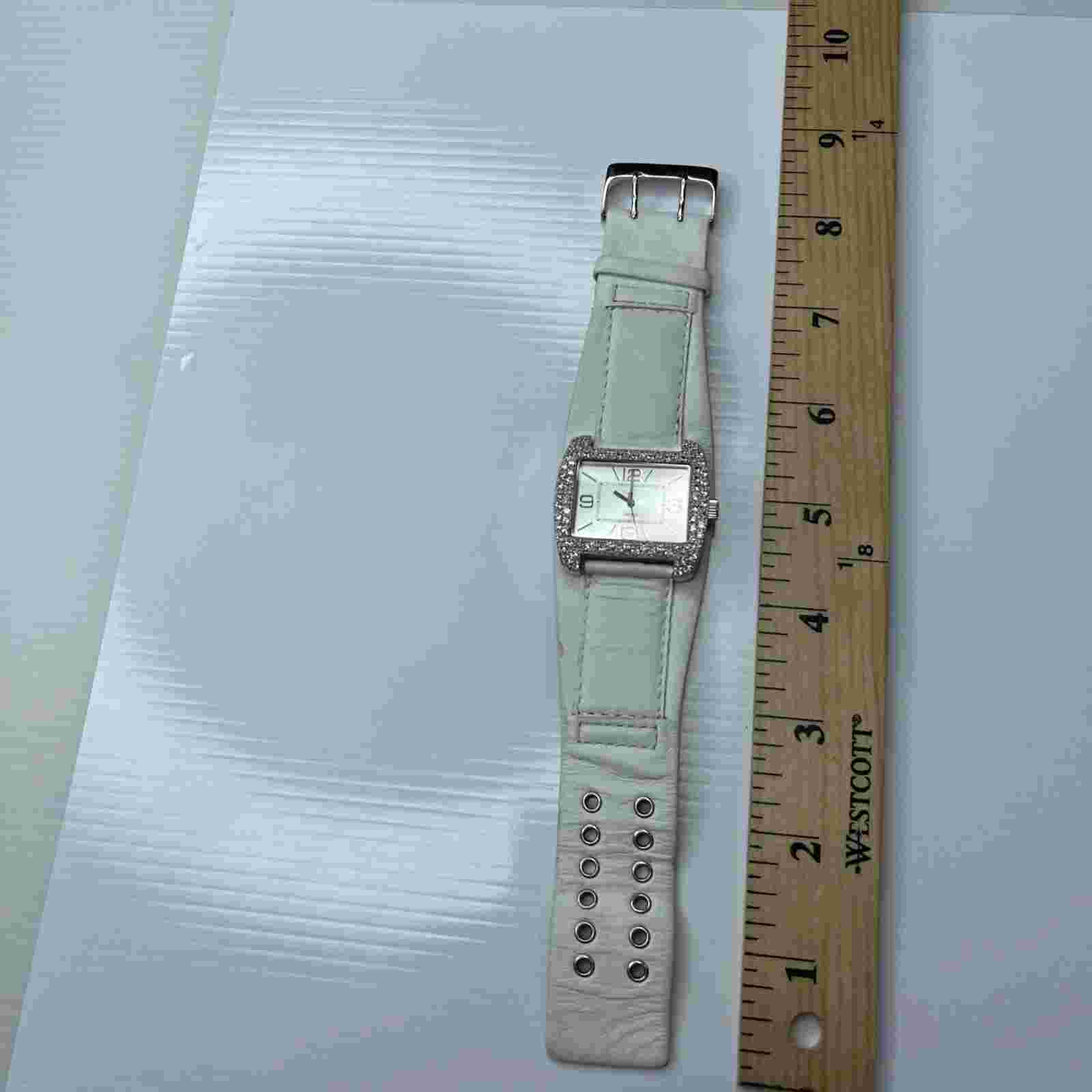 F DMQ Swiss WR Stainless Ladies CZ Crystals Covered White Leather Untested