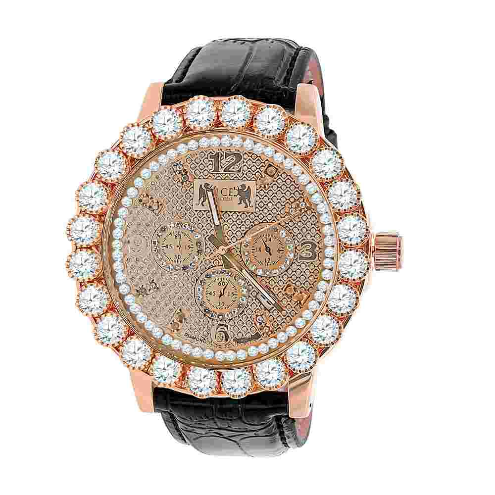 Men's Solitaire Bezel Real Diamond Dial Rose Gold Real Leather Band Watch W/Date