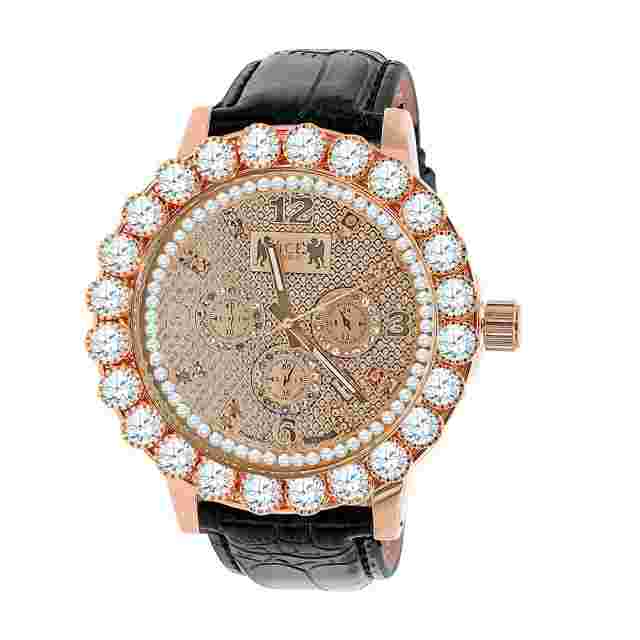 Men's Solitaire Bezel Real Diamond Dial Rose Gold Real Leather Band Watch W/Date