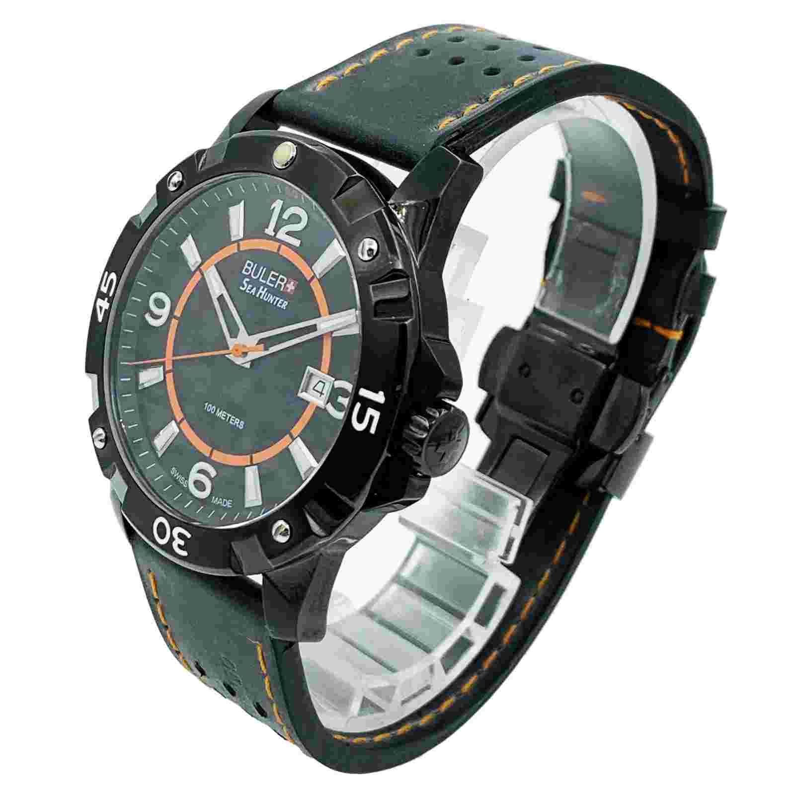 Buler Sea Hunter Steel Black Dial Leather Strap Quartz Mens Watch  45141
