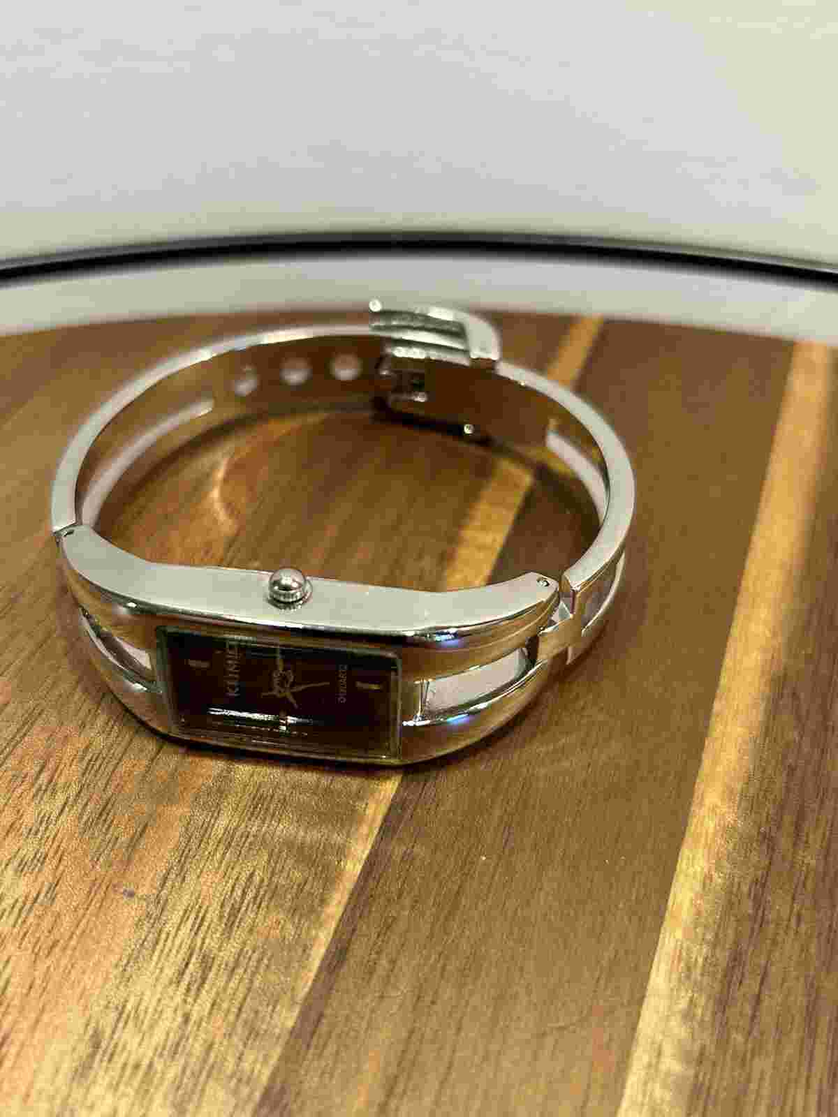 Kimio Black  Dial Raised Dial Silver Tone Rectangle Case Bracelet Band Watch