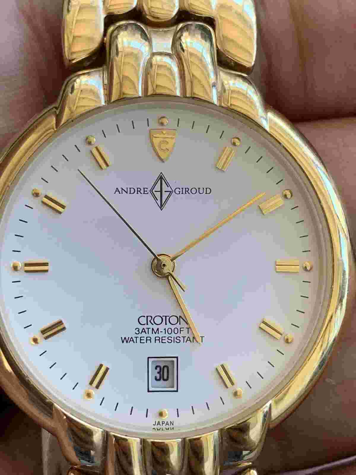 Andre Giroud CROTON Wristwatch Womens Second Hand Date Gold Plated 8.5” Vintage