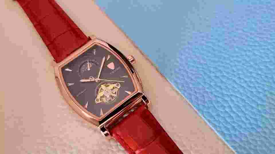 Mens Rose Gold Moon Phase Automatic Mechanical Watch Red Leather 24HR Dial