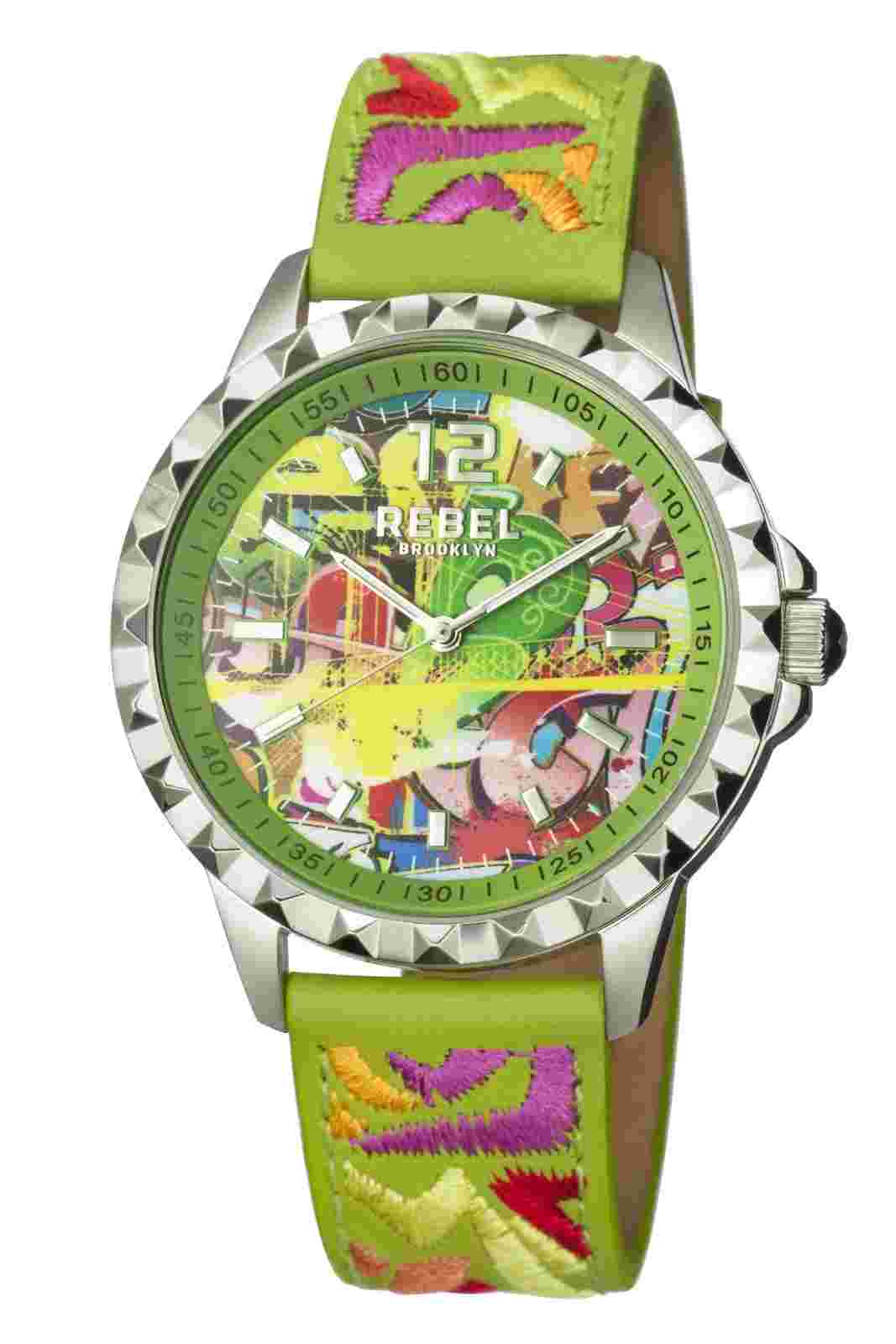 Rebel Women's Dumbo Watch Rb122-4171 Graffiti Dial Lime Green Print Leather