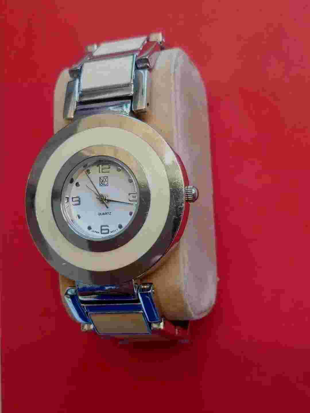 Ladies NY&C Chromed Case & Bracelet Watch. Round White MOP Dial. 37mm Diam. Nice