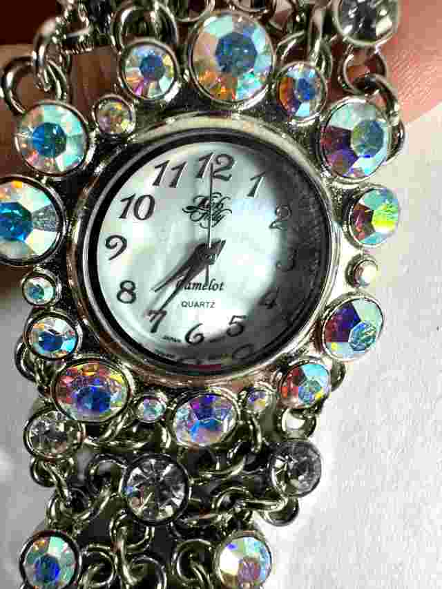 Vintage Kirks Folly Watch Camelot Silvertone Chainmail Crystal Wide Bracelet