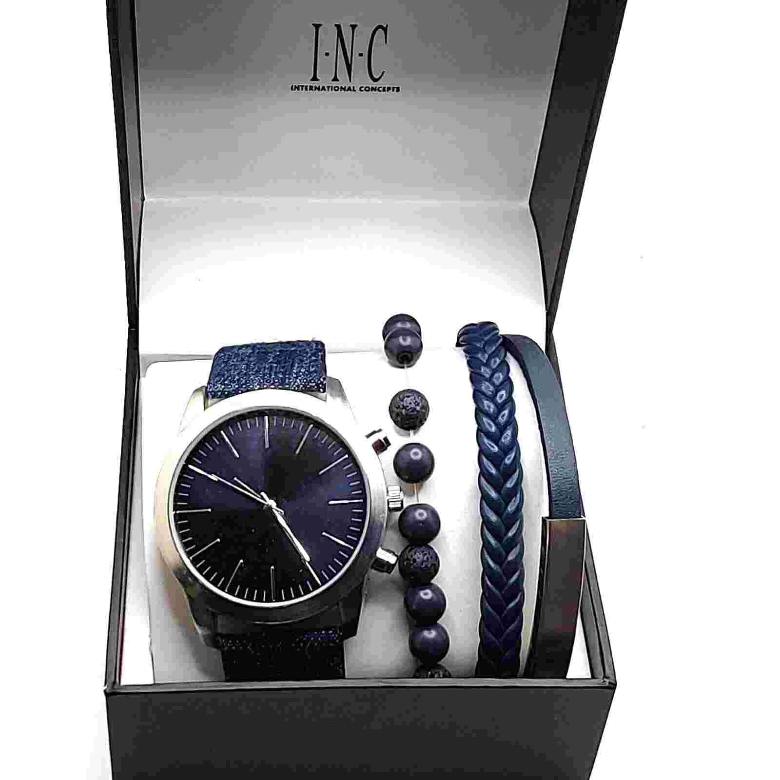 INTERNATIONAL CONCEPTS Men's Faux-Leather Blue Denim Strap Watch Bracelet 45mm