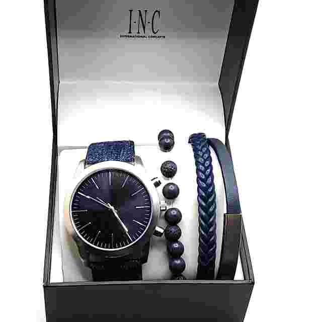 INTERNATIONAL CONCEPTS Men's Faux-Leather Blue Denim Strap Watch Bracelet 45mm