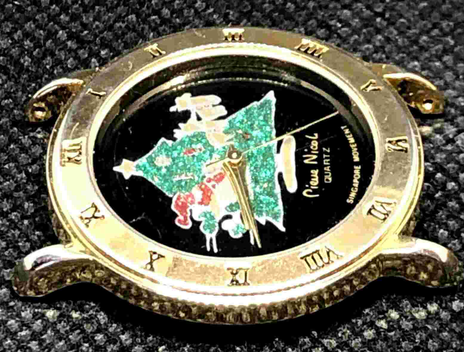 Pierre Nicol Christmas Santa Xmas Tree Watch, No Strap Gold Tone Case