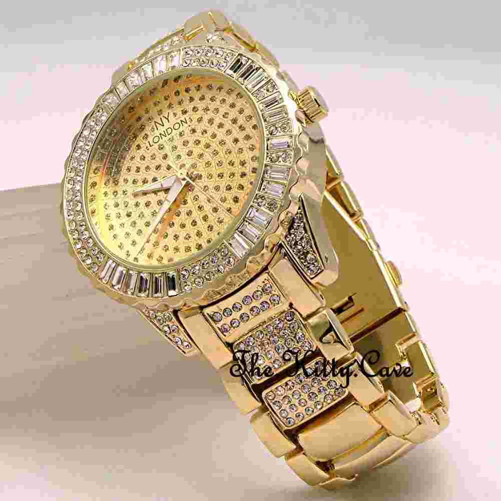 Gents Ladies Unisex Gold Plate Rapper Ice Gem Pimp Bling Baguette Crystals Watch
