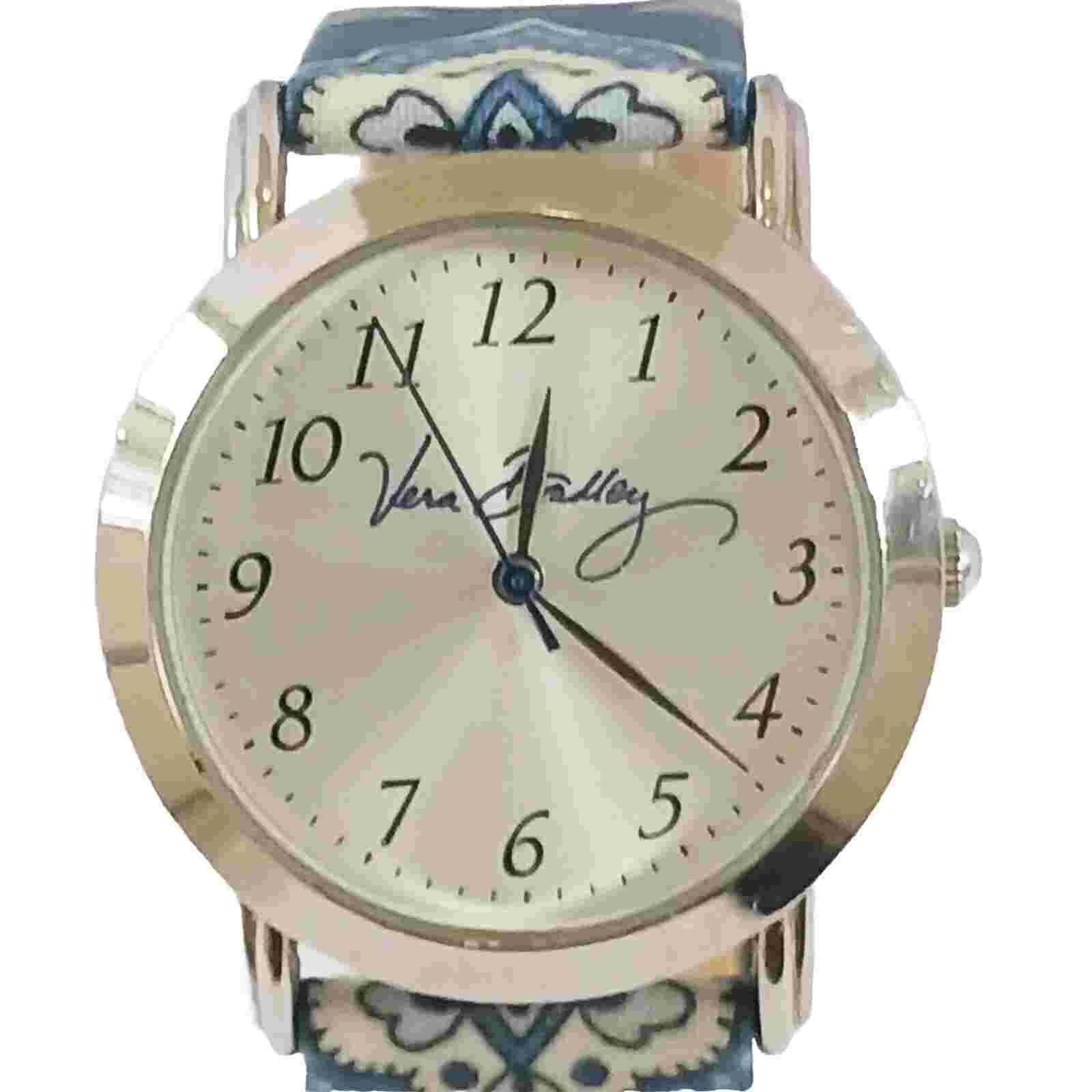 Vera Bradley Womans Silver-tone Blue Pattern Wristwatch Working New Battery