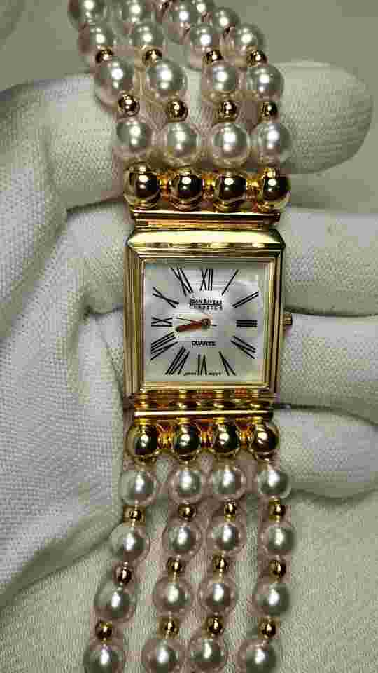 Vintage Joan Rivers Gold Tone Beaded Faux Pearl Watch NEW BATTERY