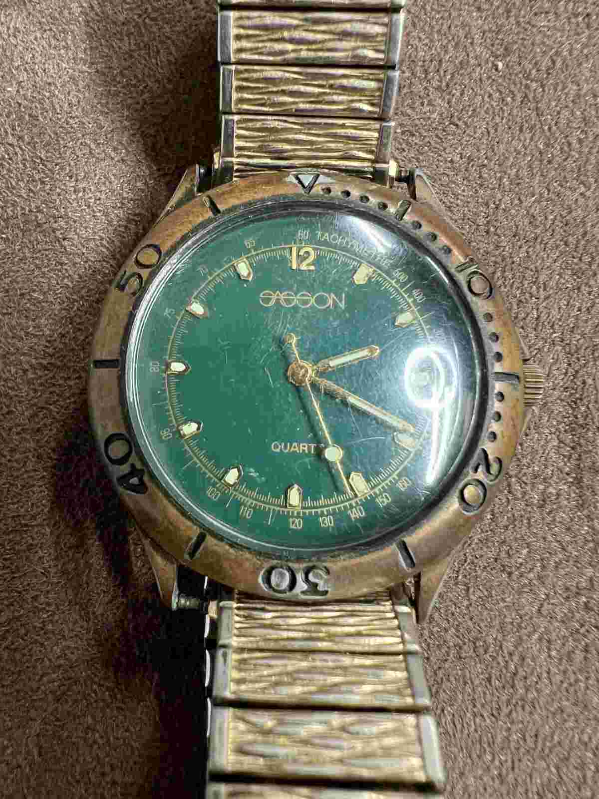 Vintage Sasson Quartz Watch Women Bronze Tone Green Dial