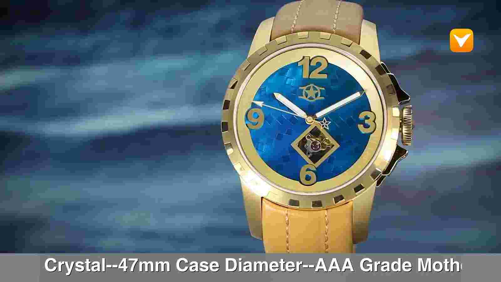 Watchstar 47mm Open Hearbeat 24 Jewel Automatic Gold Tone Blue MOP Dial Beige St