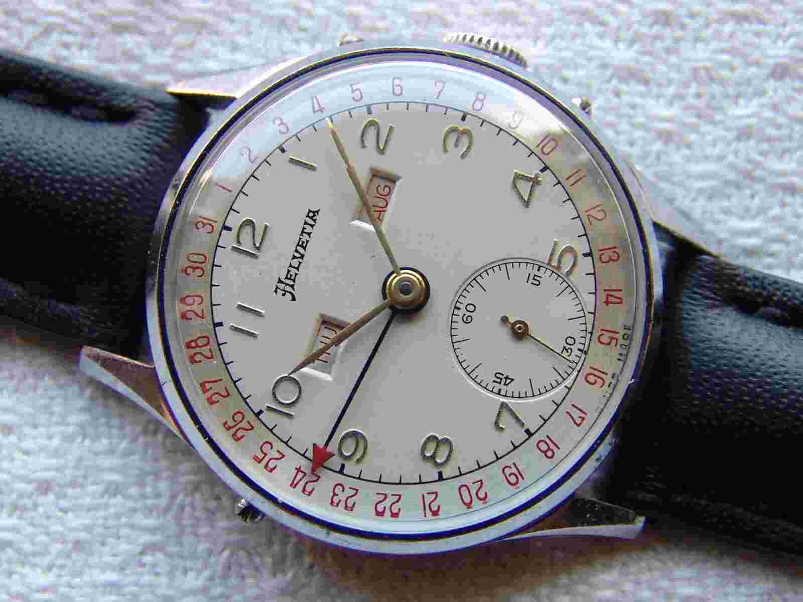 33mm VINTAGE Men’s HELVETIA Wristwatch Triple Date GOOD CONDITION WWII ERA