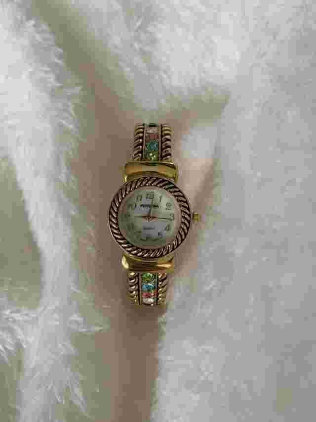 NEW Ladies Persona Gold Multicolor Stones Mother Of Pearl Dial Cuff Watch