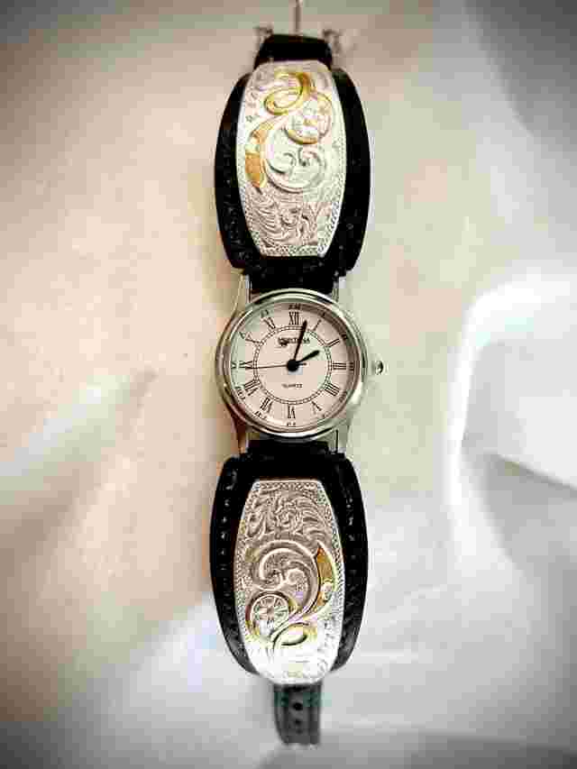 Montana Silversmiths Watch Leather Band Silver Plate Crystal Clear Glass