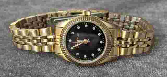 Classic Deauville Women's Gold Tone Quartz Watch Black Dial Jeweled Markers