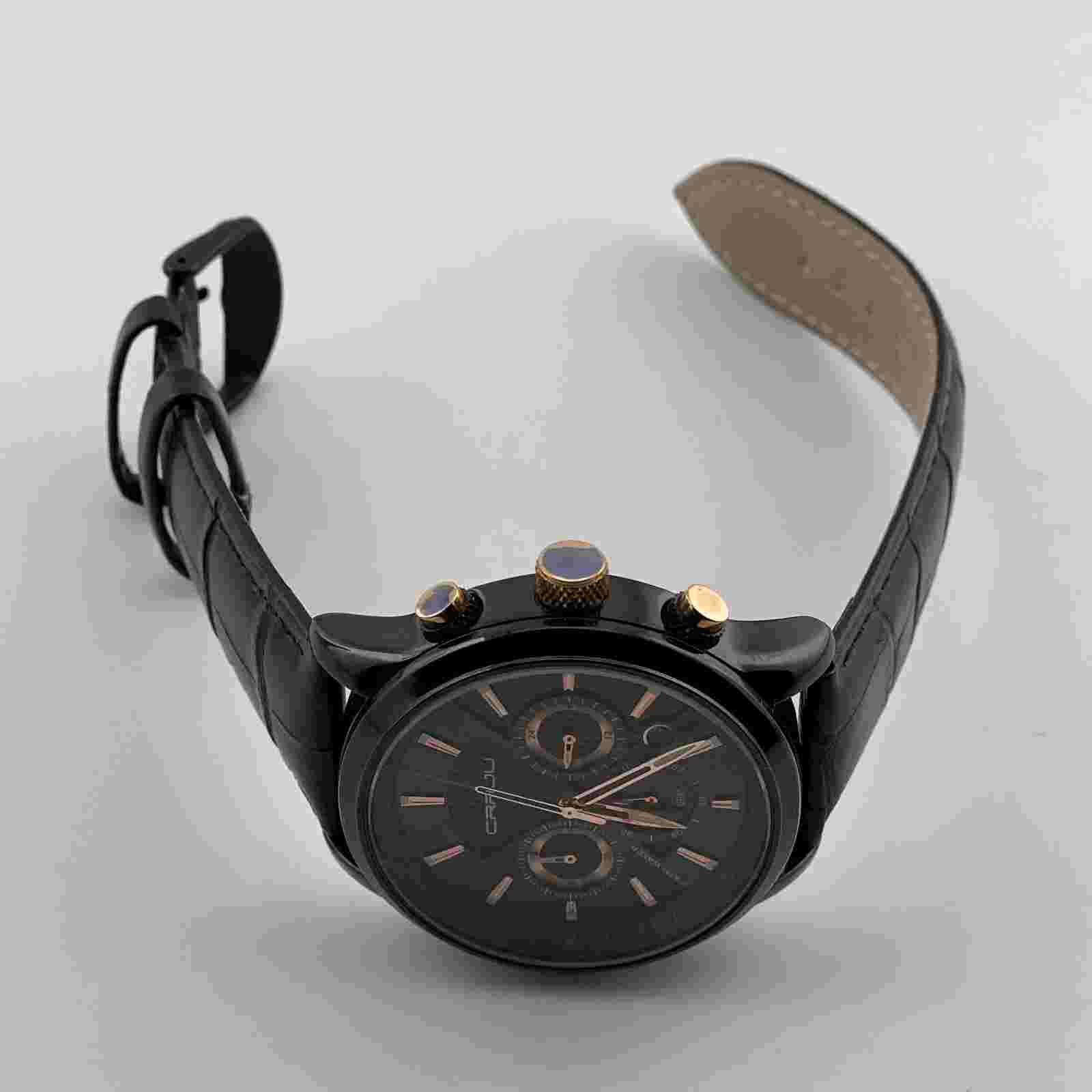CRRJU Watch Mens Chronograph 24H Date 43mm Case Black Leather Band Quartz