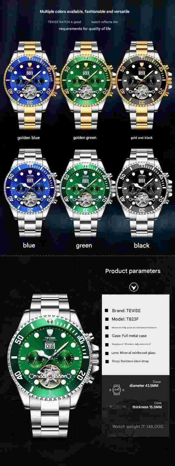 TEVISE Men's Watch – Automatic Mechanical Tourbillon Fashion Watch for Men