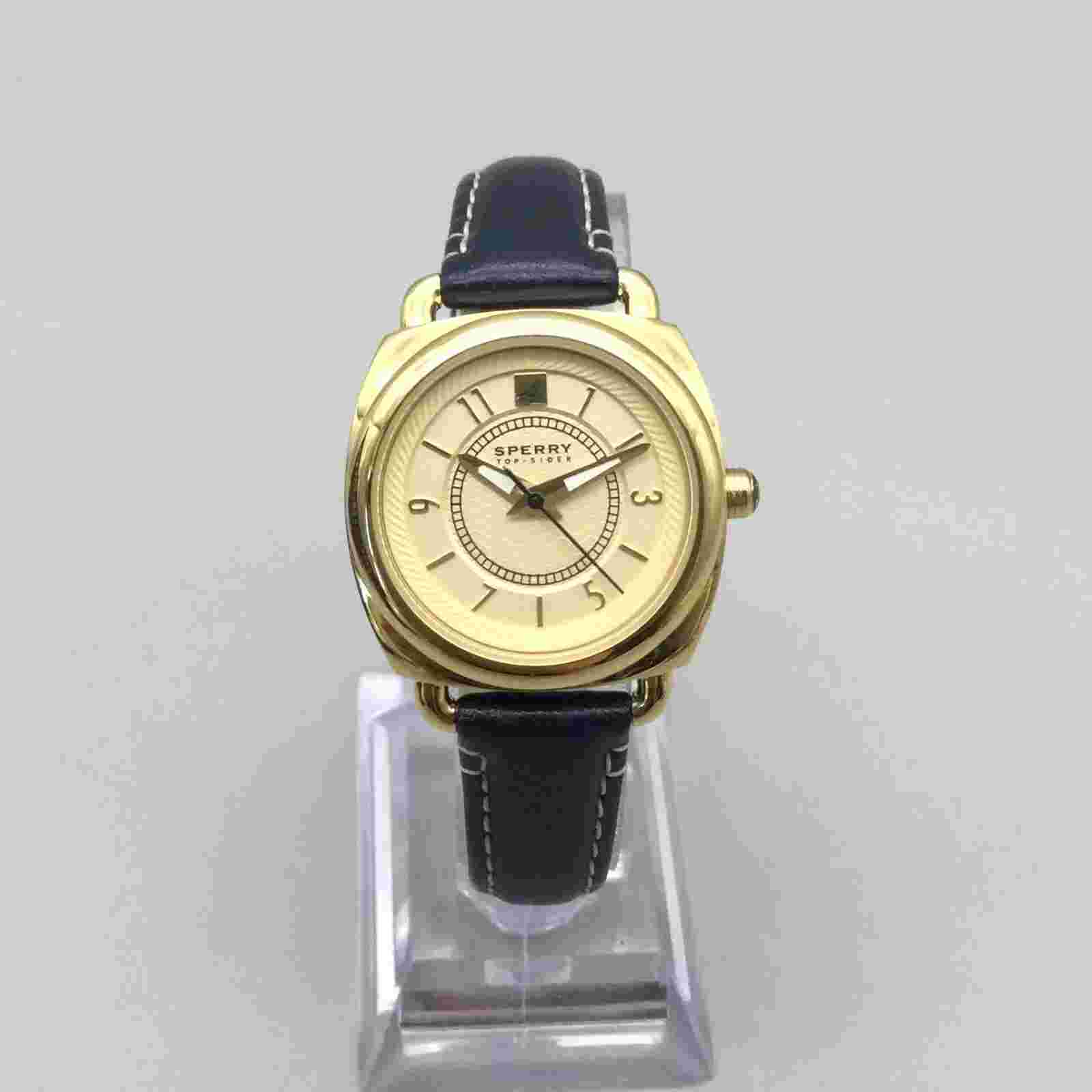 Sperry Top-Sider Watch Women 30mm Gold Tone Black Leather Band New Battery a2