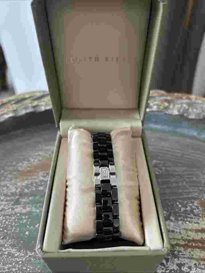 Judith Ripka black ceramic and stainless steel watch diamonique stones abalone