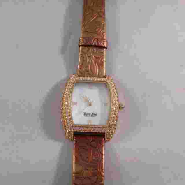 Victoria Wieck Pave Crystal Bezel Cushion-Shaped Metallic Gold Leather Strap NEW