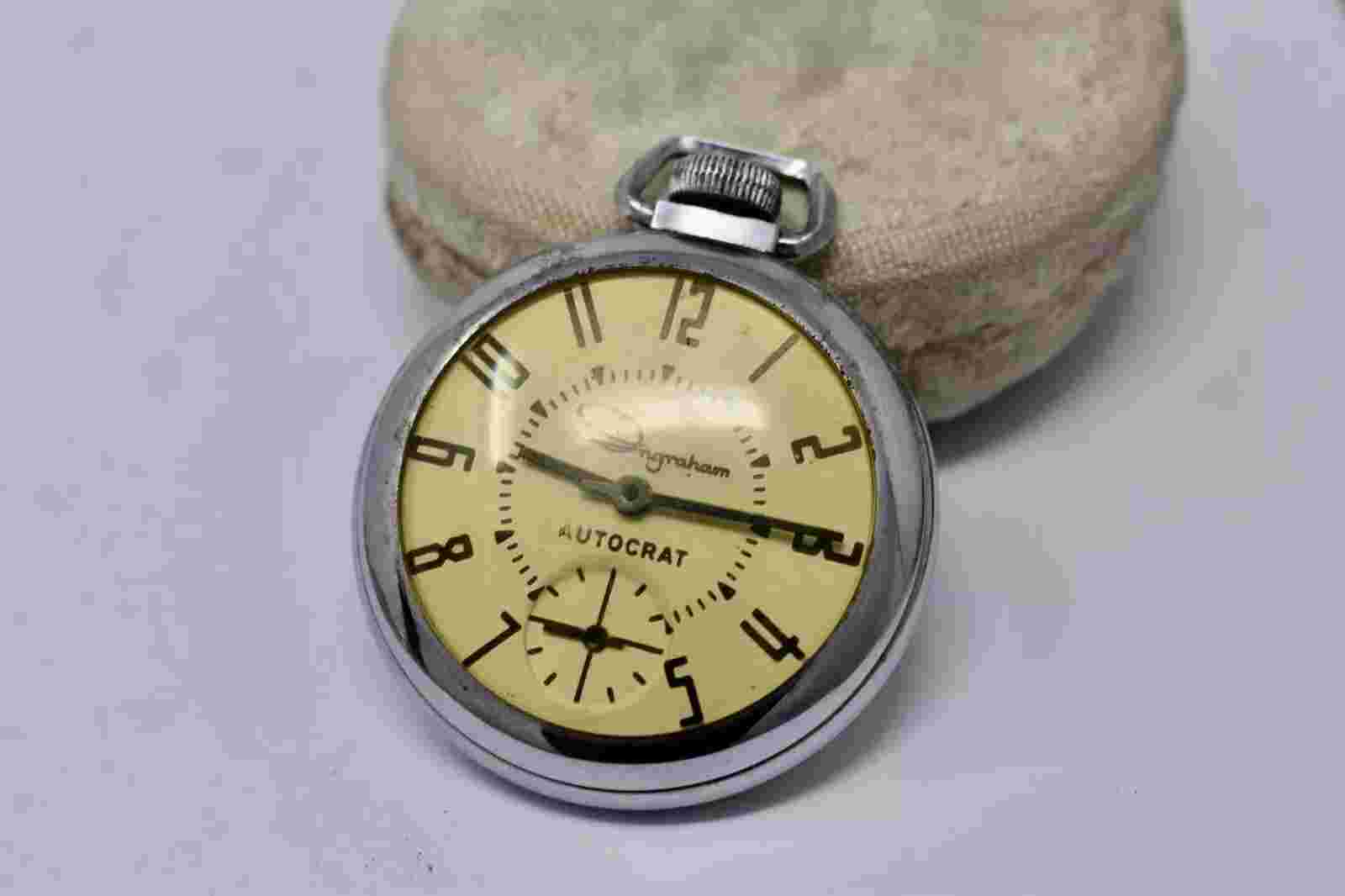 Vintage MCM Mid. Mod. Ingraham Autocrat Dollar Pocket Watch - Good Running