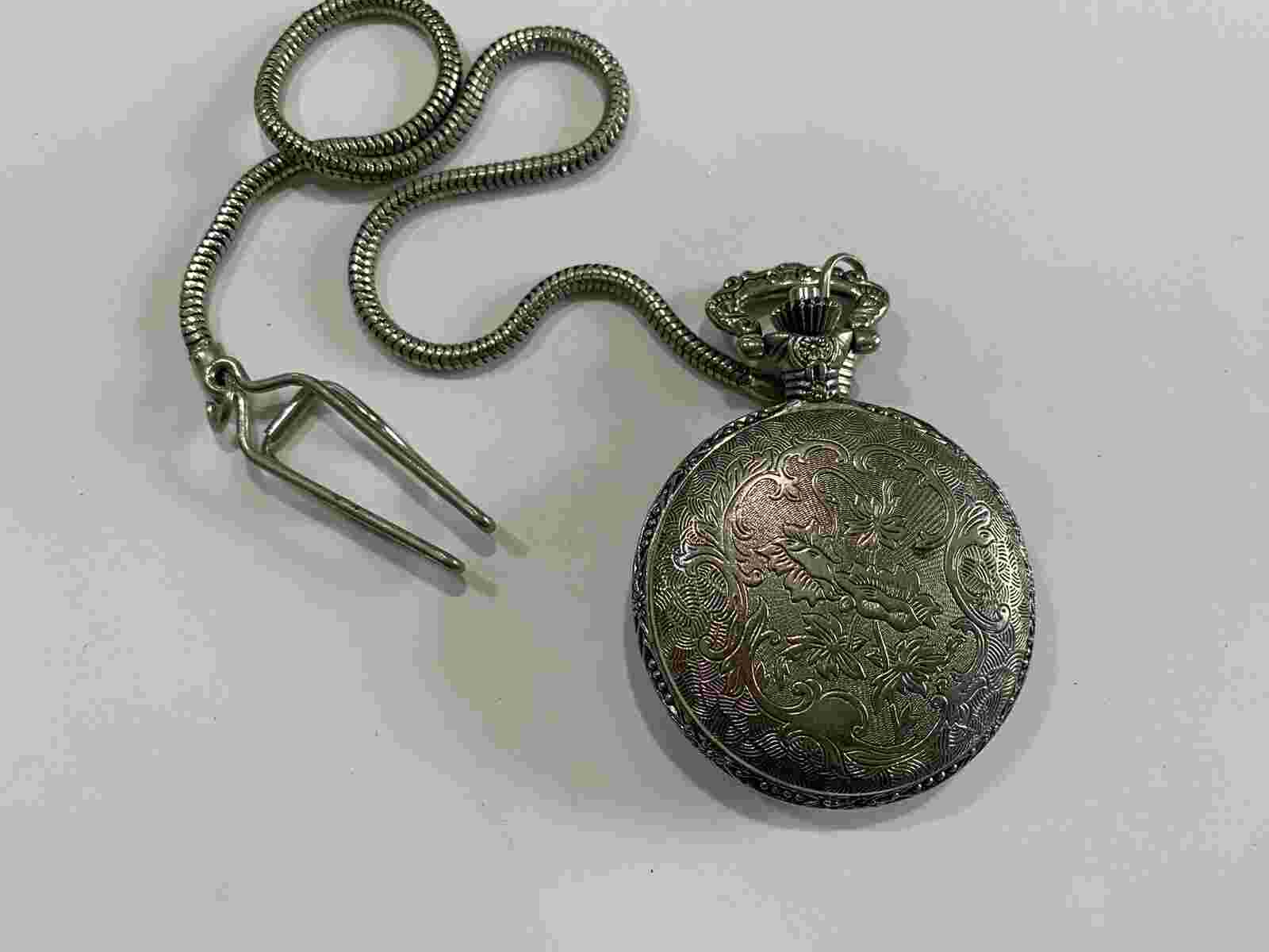Vintage Newport Pocket Watch Silvertone Fisherman Needs Battery As Is