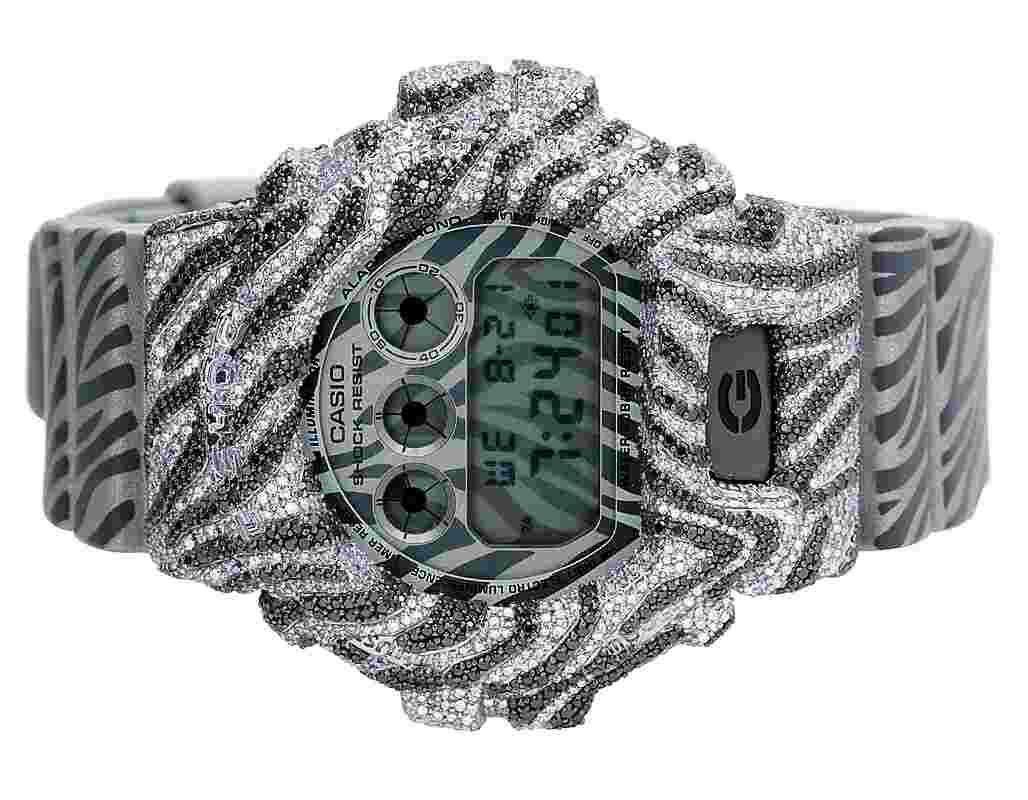 Casio G-Shock Grey DW 6900SK White Gold Real Diamond Watch 10 3/4 CT