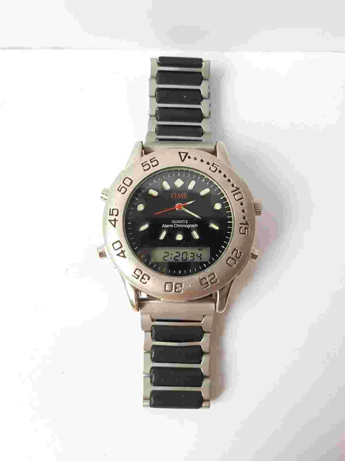 Watch, analog-digital, Time, alarm, chronograph, calendar, stainless bracelet