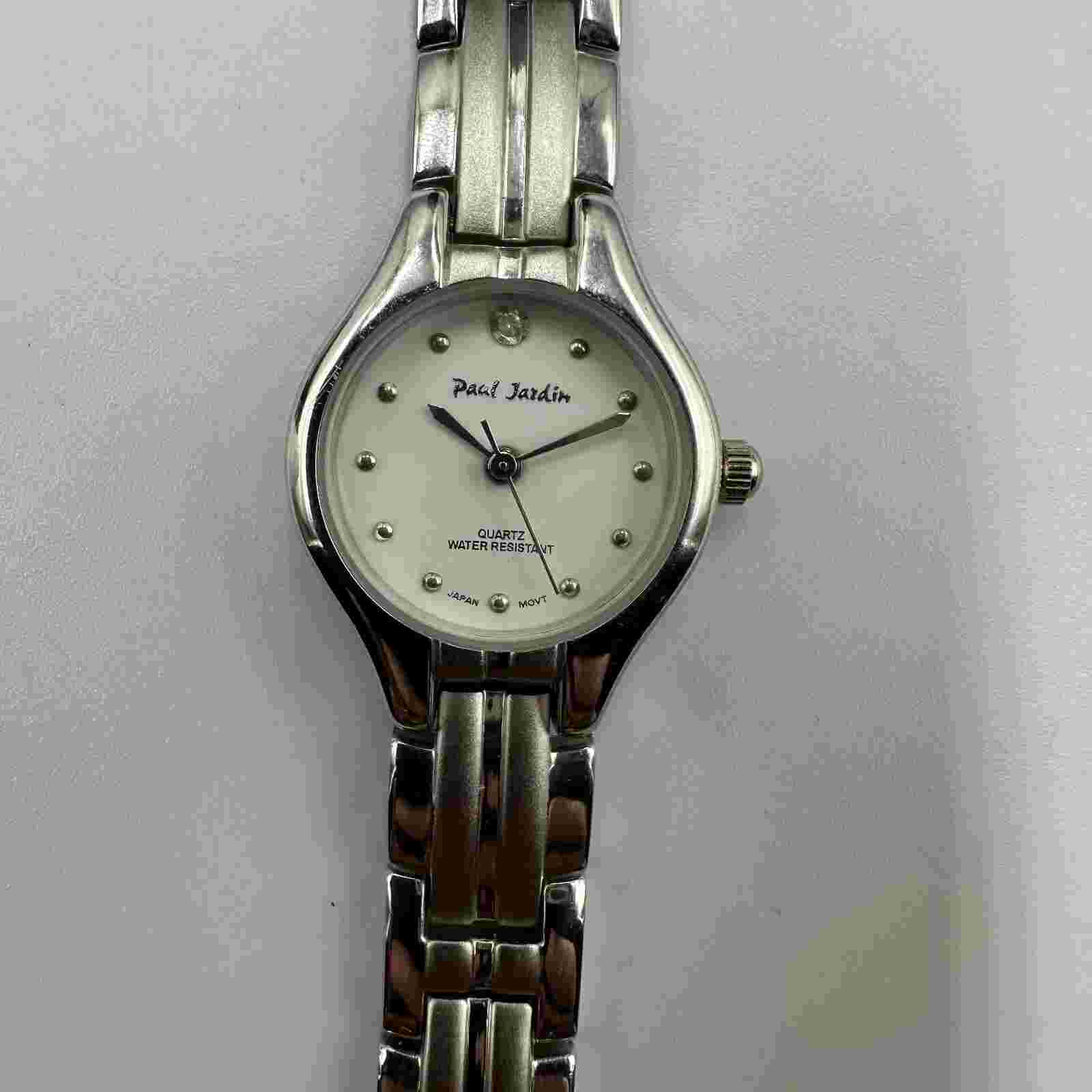 Paul Jardin Watch Women Silver Tone White Dial Round 13MM New Battery 8"