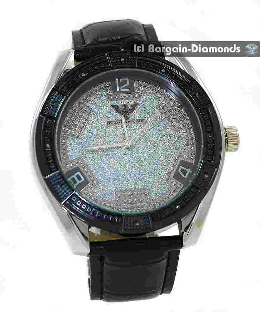 Mens Big Natural Diamond Silver Black Clubbing Watch Silver Black Dial 9" Strap
