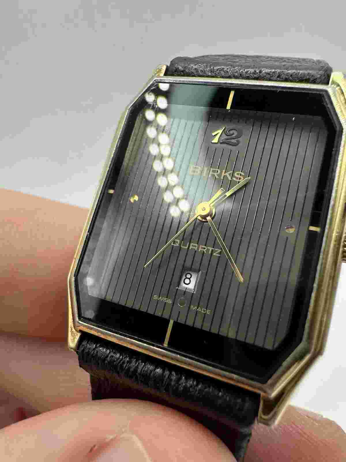 Birks Swiss Made Men’s Gold Tone Tank Watch Dress Leather 28mm
