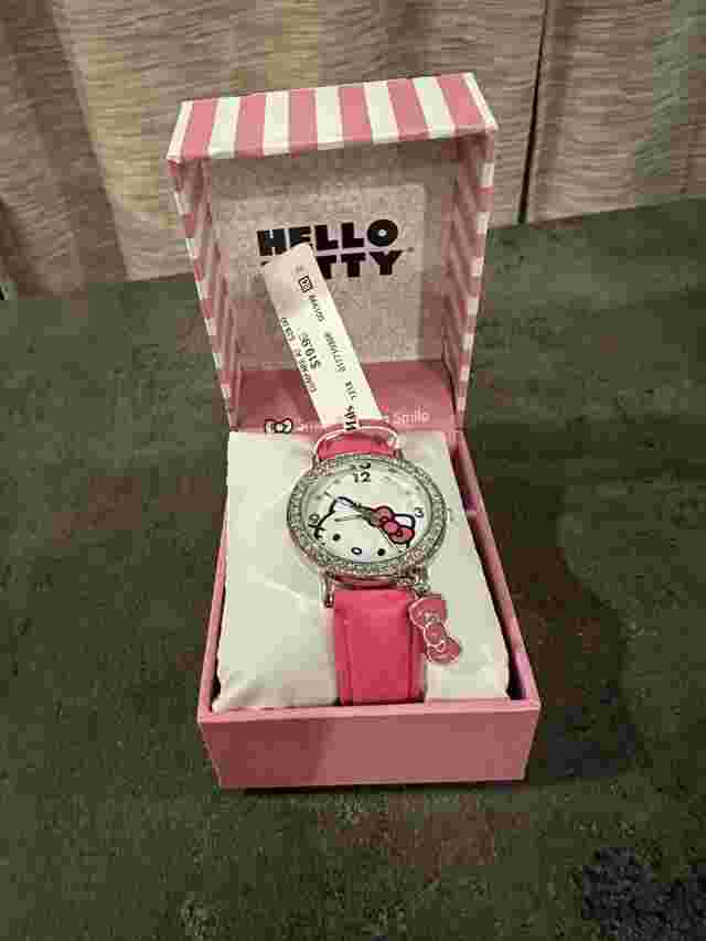 Hello Kitty Watch Silver Crystal Bezel Pink Bow Charm Leather Strap