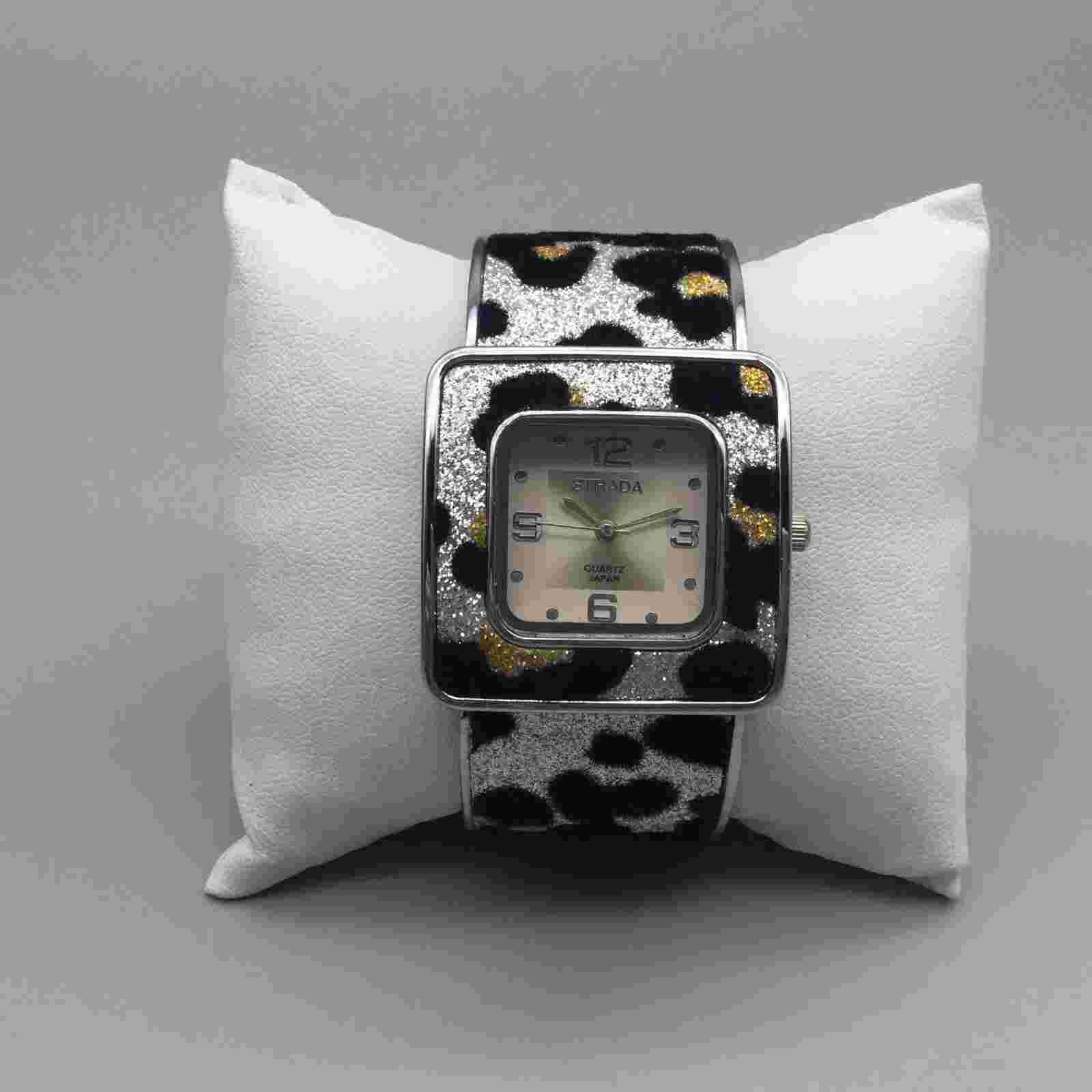 Strada Glitter Watch Women 35mm Silver Tone Animal Printed Open Cuff New Battery