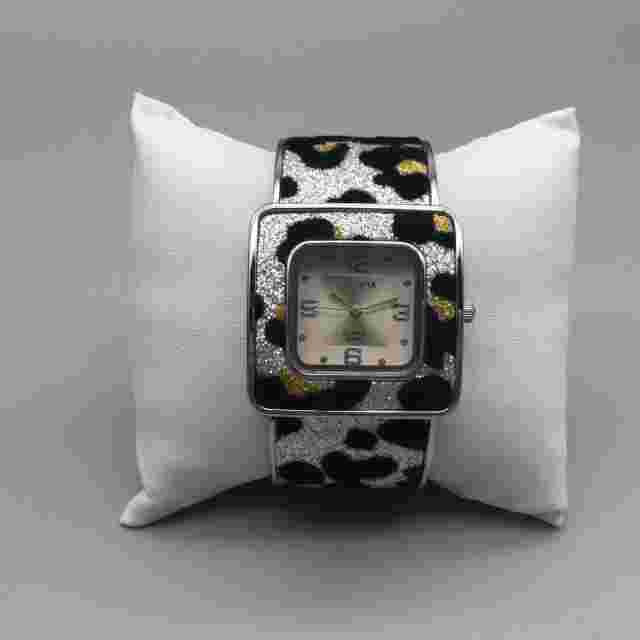 Strada Glitter Watch Women 35mm Silver Tone Animal Printed Open Cuff New Battery