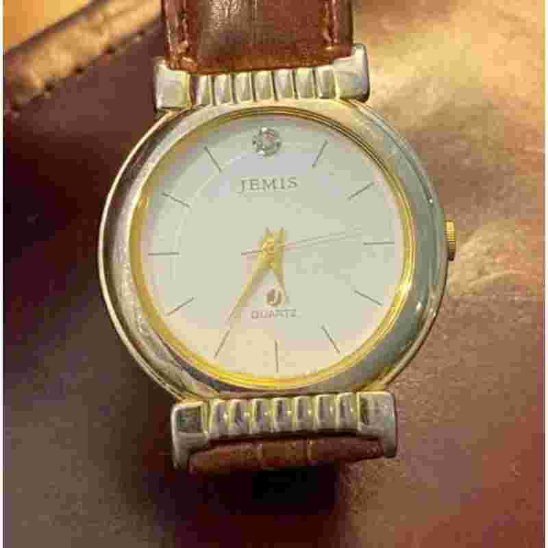 Unisex 32mm Gold Tone Jemis Watch, Brown Leather Band