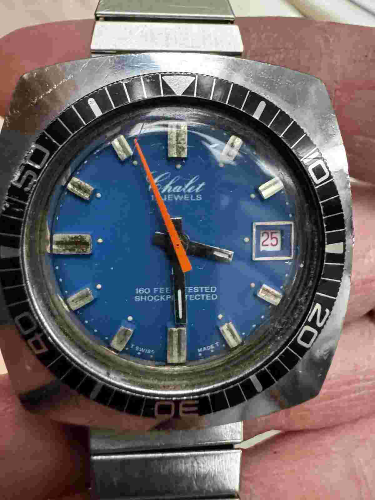 Vintage 17 Jewel Chalet Wrist Watch Blue With Orange Dial(o2)