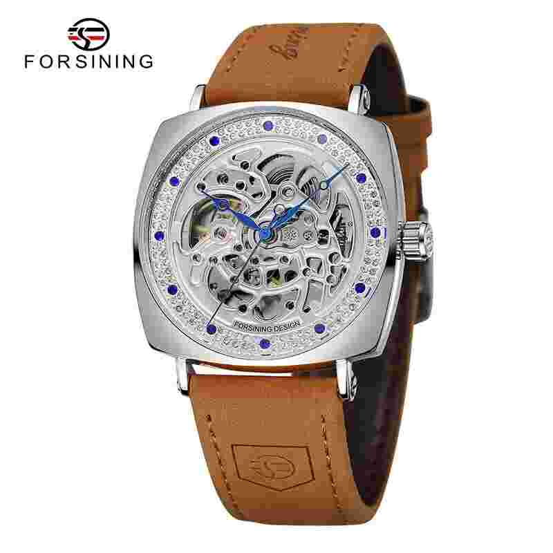 unusual silver Watch Forsining Luxury Leather Strap Skelton Automatic Mechanical