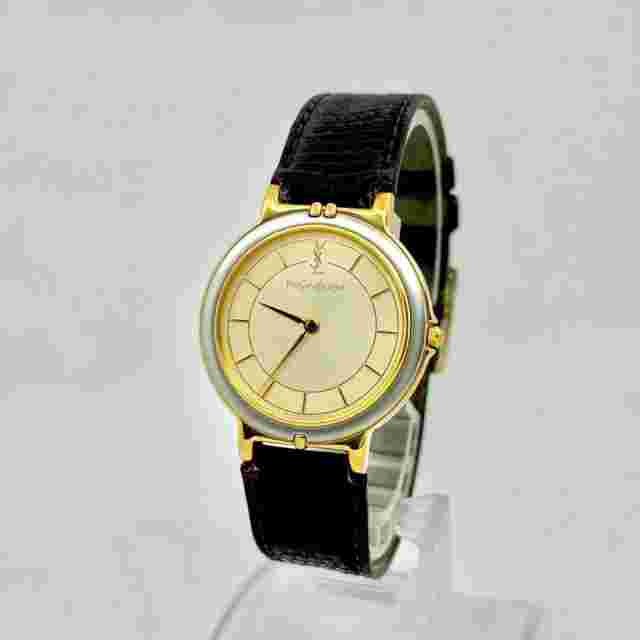 Yves Saint Laurent Men's Quartz Watch Gold Dial Brown Strap 2.98x3.50 Inches