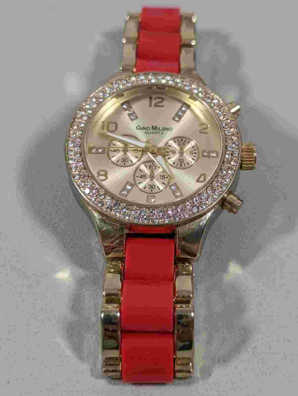Gino Milano Gold Tone Dial Crystal Accent Round Case Red Link Band Watch