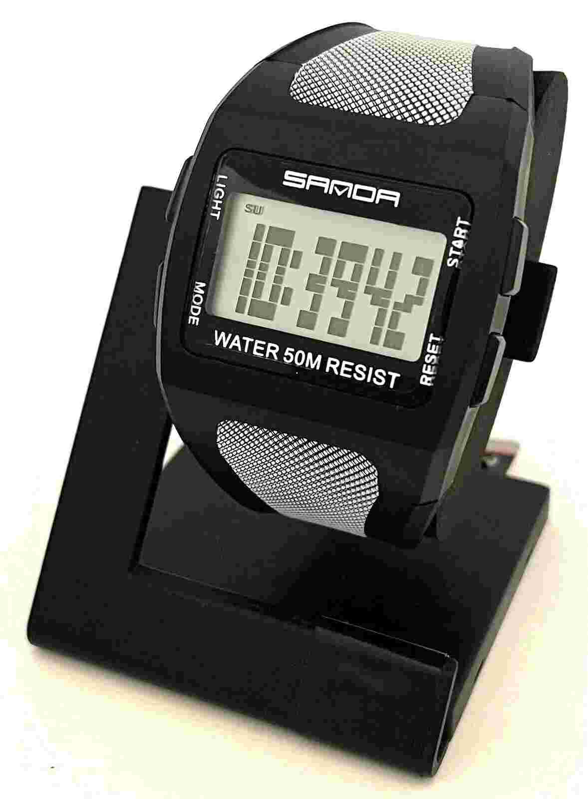 SANDA MEN'S SPORTS MILITARY BLACK DIGITAL WATCH WITH BLACK AND WHITE BAND 222W