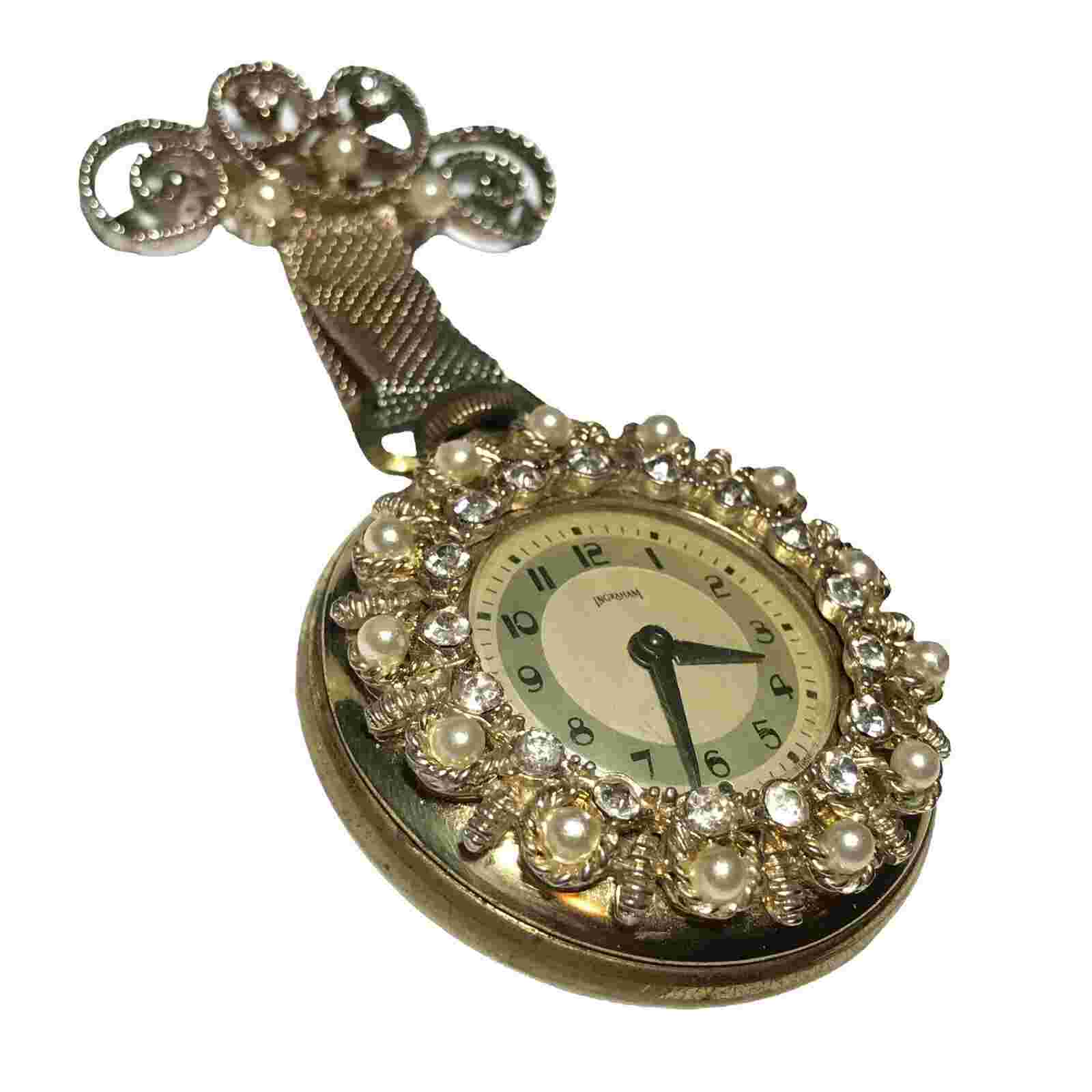 Vintage Ingraham USA Bejewel Rhinestone Faux Pearl Wind Up Pocket Watch Brooch