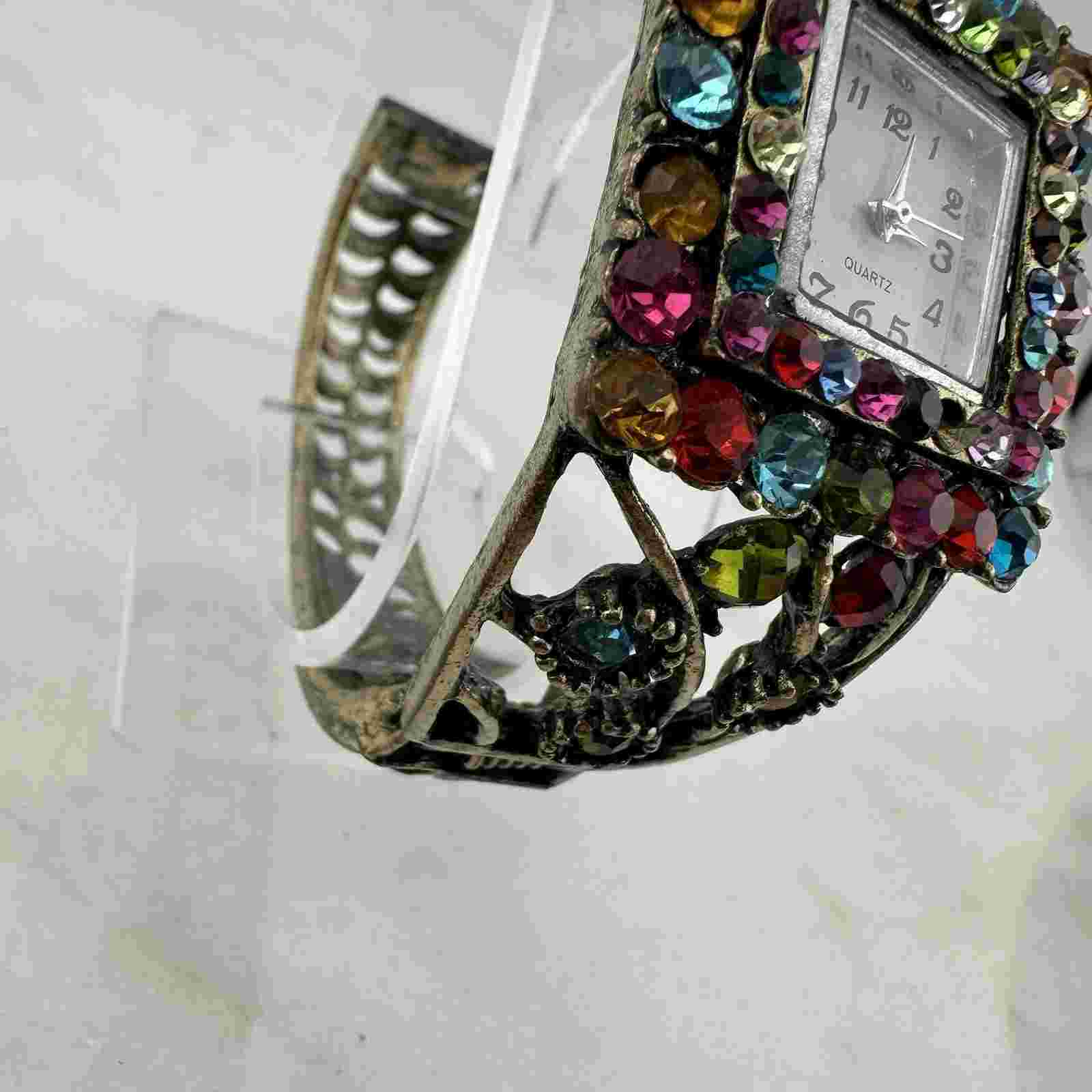 Women’s Watch Square Dial Rainbow Rhinestone Cuff Watch - New Battery Installed
