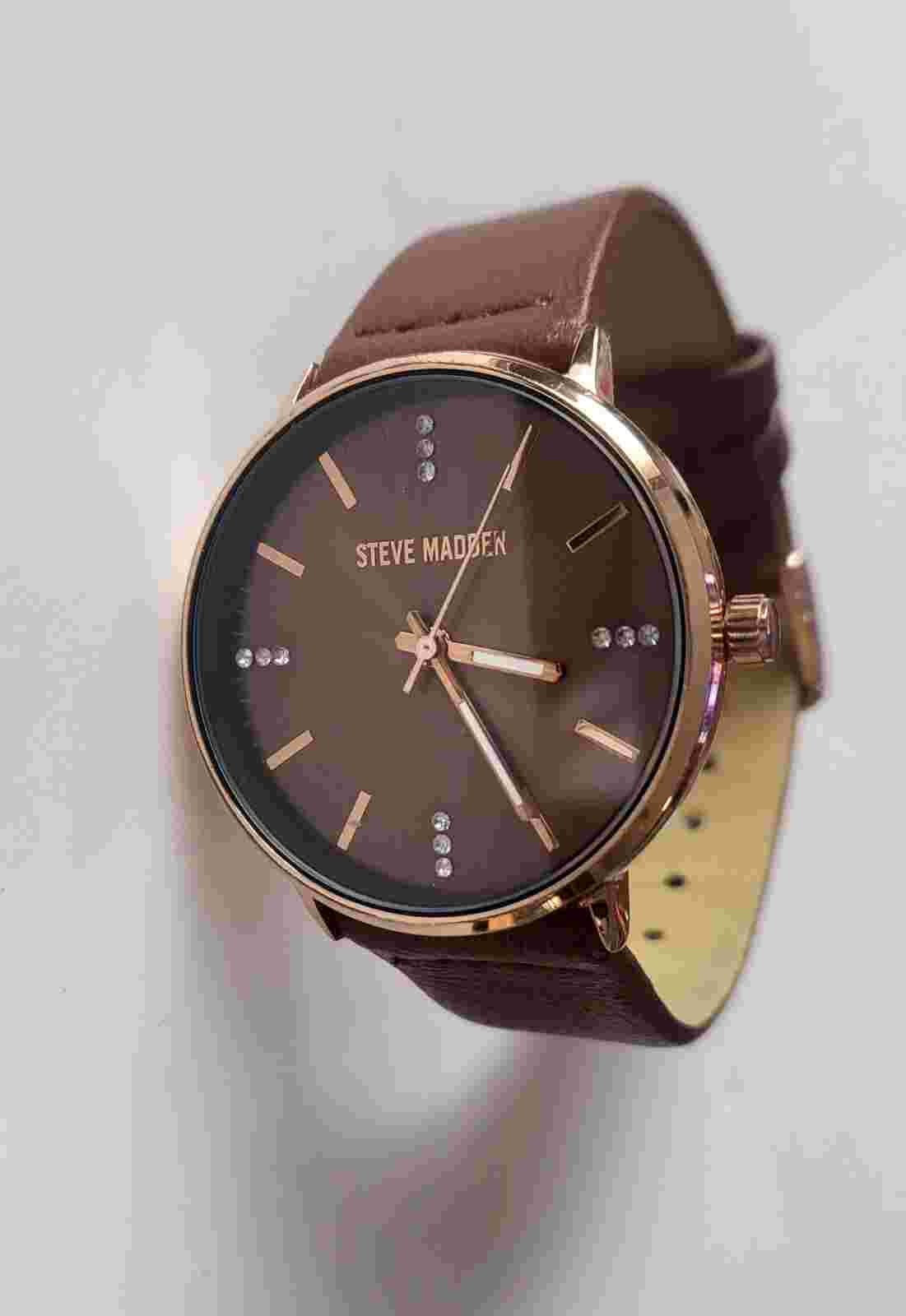 Steve Madden Women's Quartz Watch Rose Gold Case Brown Band