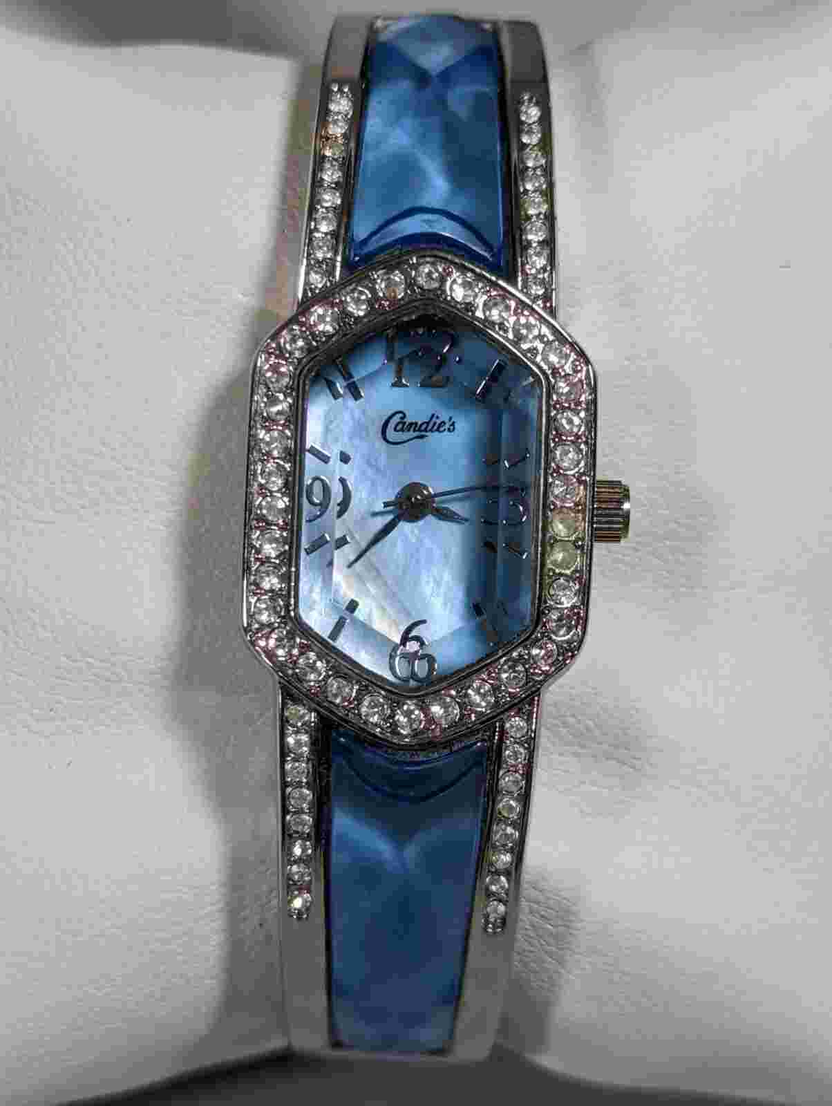 Candies Blue Raised Crystal Silver Tone Hinge Bracelet Band Watch 6.5 inch