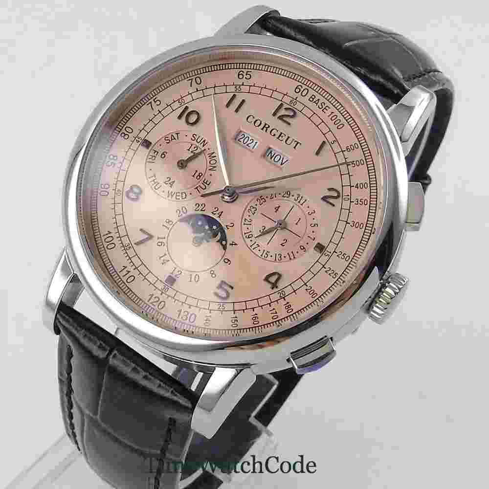 Corgeut salmonAutomatic Men's Watch Year Rose Gold Dial Multifunction Polished