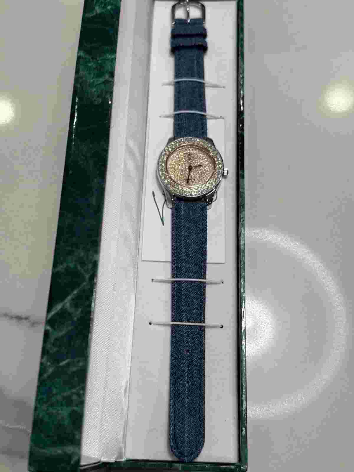 NEW Suzanne Somers Crystal / Gold face Denim Watch