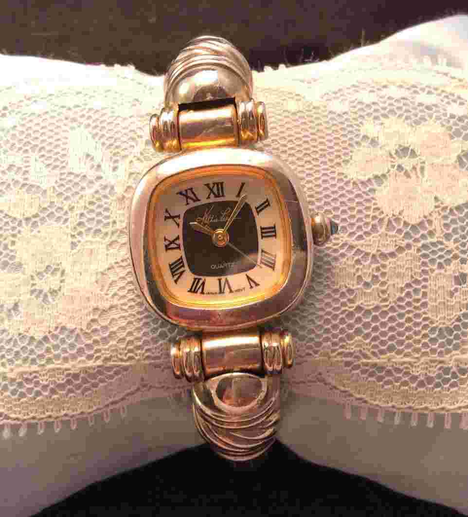 Kathie Lee Quartz Ladies Cuff Bracelet Watch Silver Tone Gold Accents Works!
